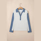 Mirasol Light Grey Denim Patchwork Buttoned Polo Collar Long Sleeve Top