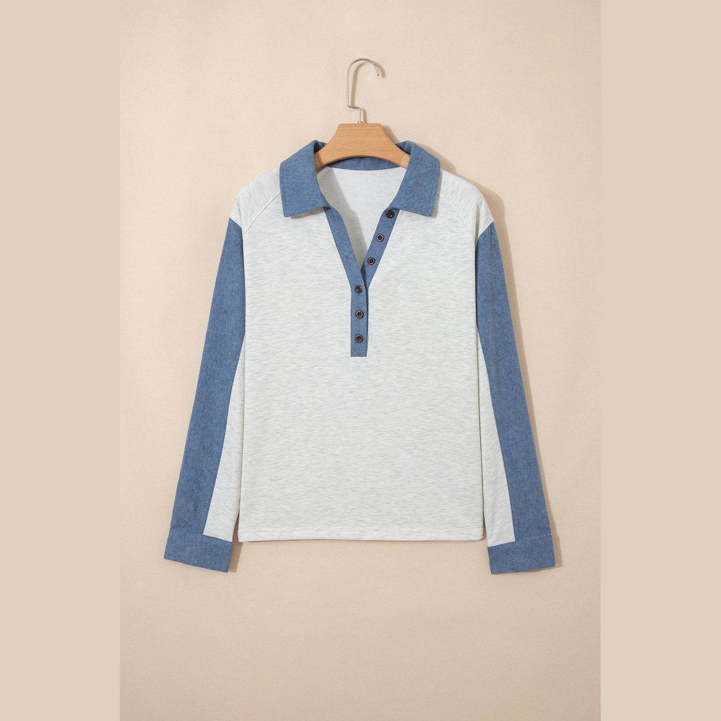 Mirasol Light Grey Denim Patchwork Buttoned Polo Collar Long Sleeve Top