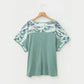 Maribelle Mist Green Ribbed Camouflage Patchwork Plus Size V Neck Tee