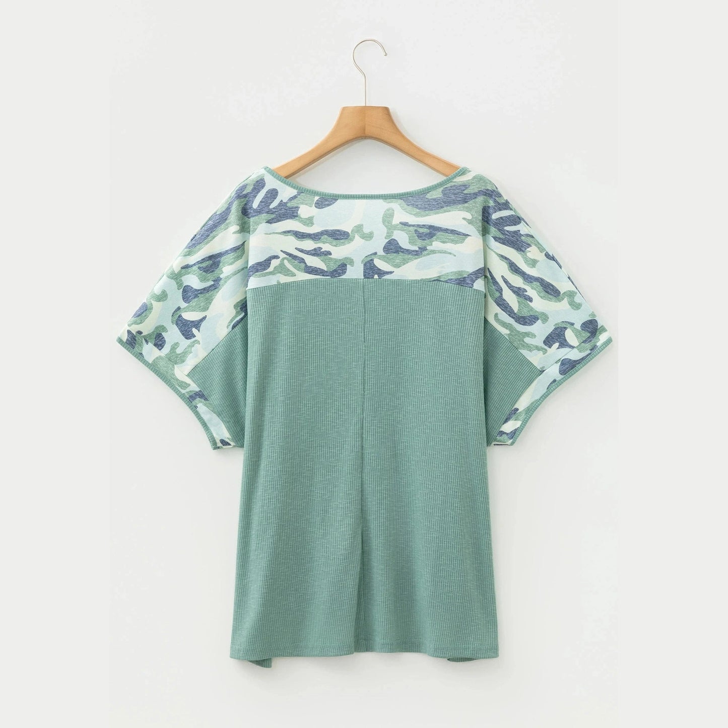 Maribelle Mist Green Ribbed Camouflage Patchwork Plus Size V Neck Tee