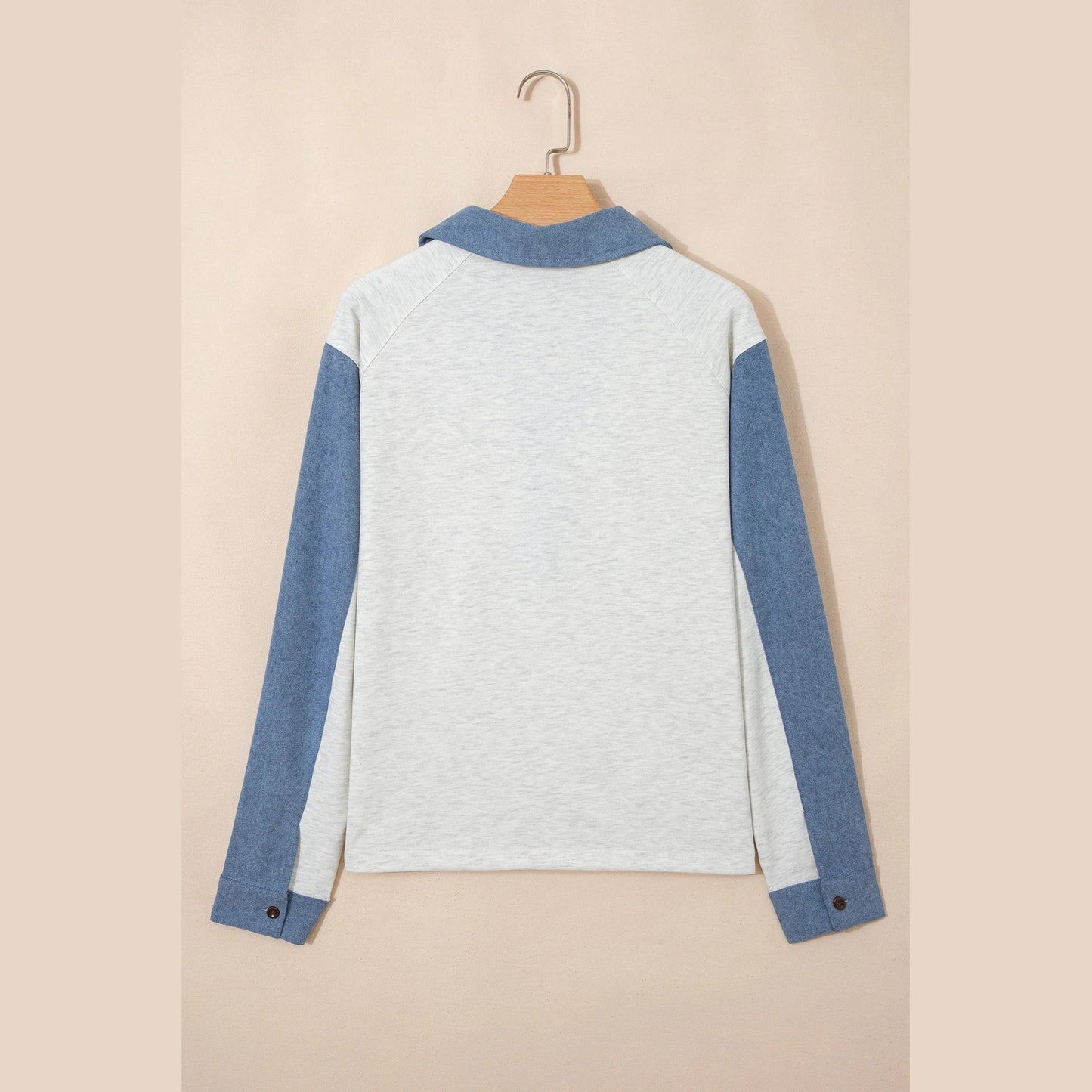 Mirasol Light Grey Denim Patchwork Buttoned Polo Collar Long Sleeve Top