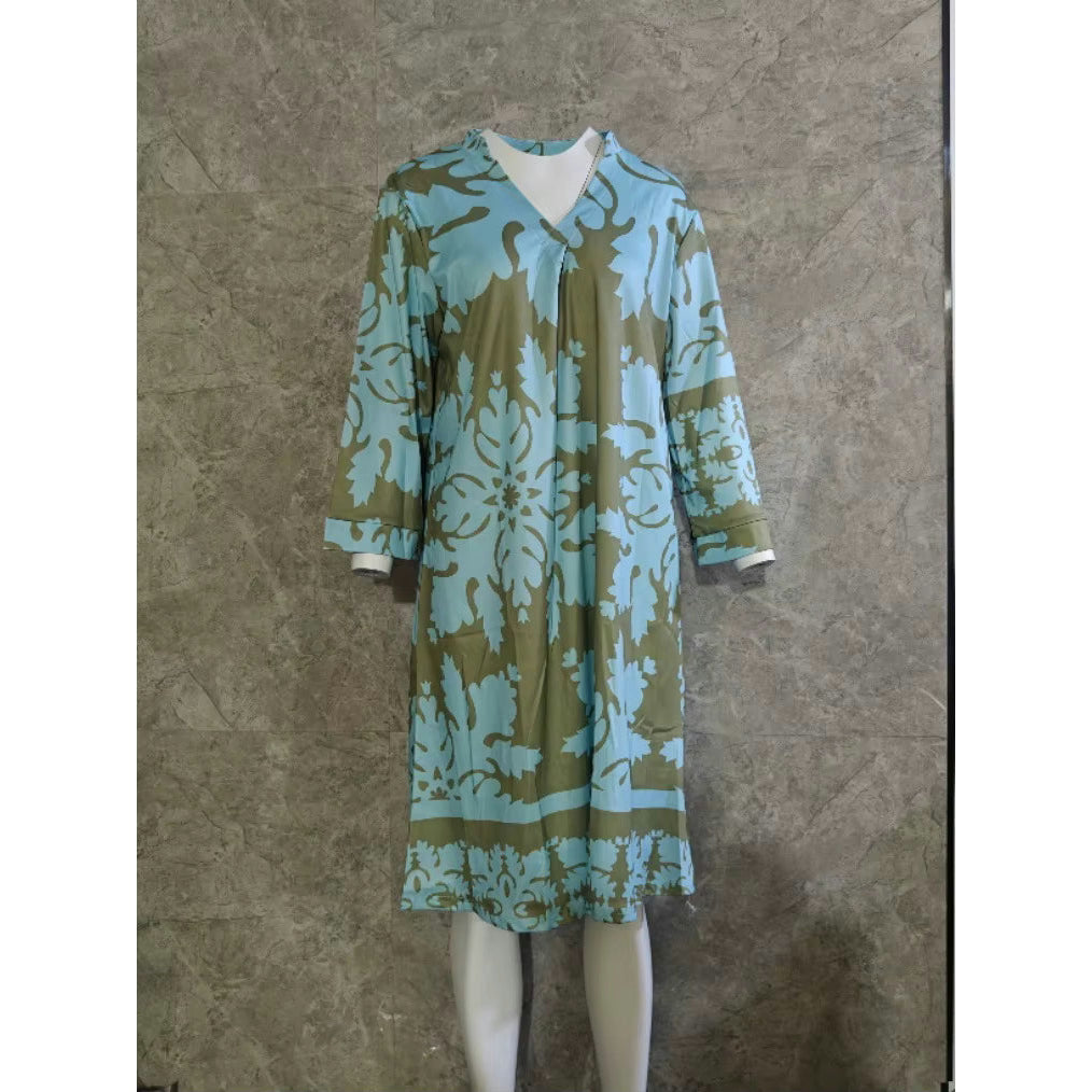 Madelyn Green Floral Dress With V Neck And 3/4 Length Sleeve