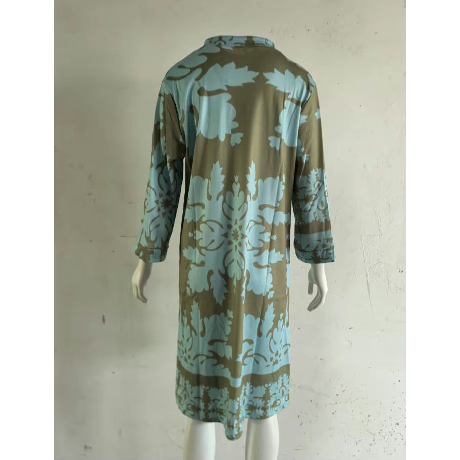 Madelyn Green Floral Dress With V Neck And 3/4 Length Sleeve