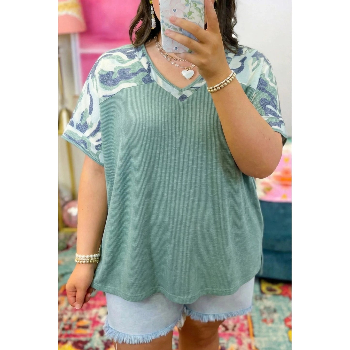 Maribelle Mist Green Ribbed Camouflage Patchwork Plus Size V Neck Tee