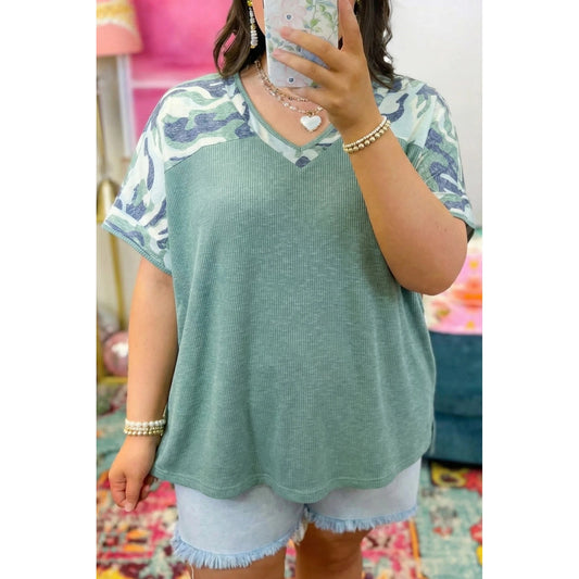 Maribelle Mist Green Ribbed Camouflage Patchwork Plus Size V Neck Tee