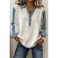 Mirasol Light Grey Denim Patchwork Buttoned Polo Collar Long Sleeve Top