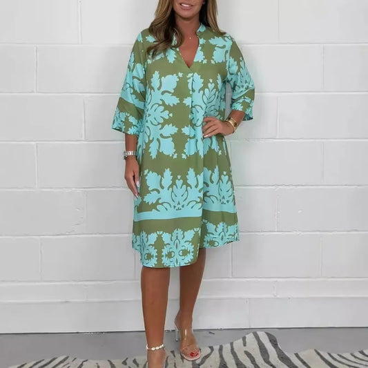 Madelyn Green Floral Dress With V Neck And 3/4 Length Sleeve