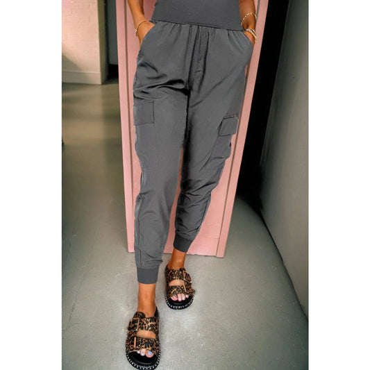 Mabli Grey Elastic High Waist Pocketed Cargo Jogger Pants