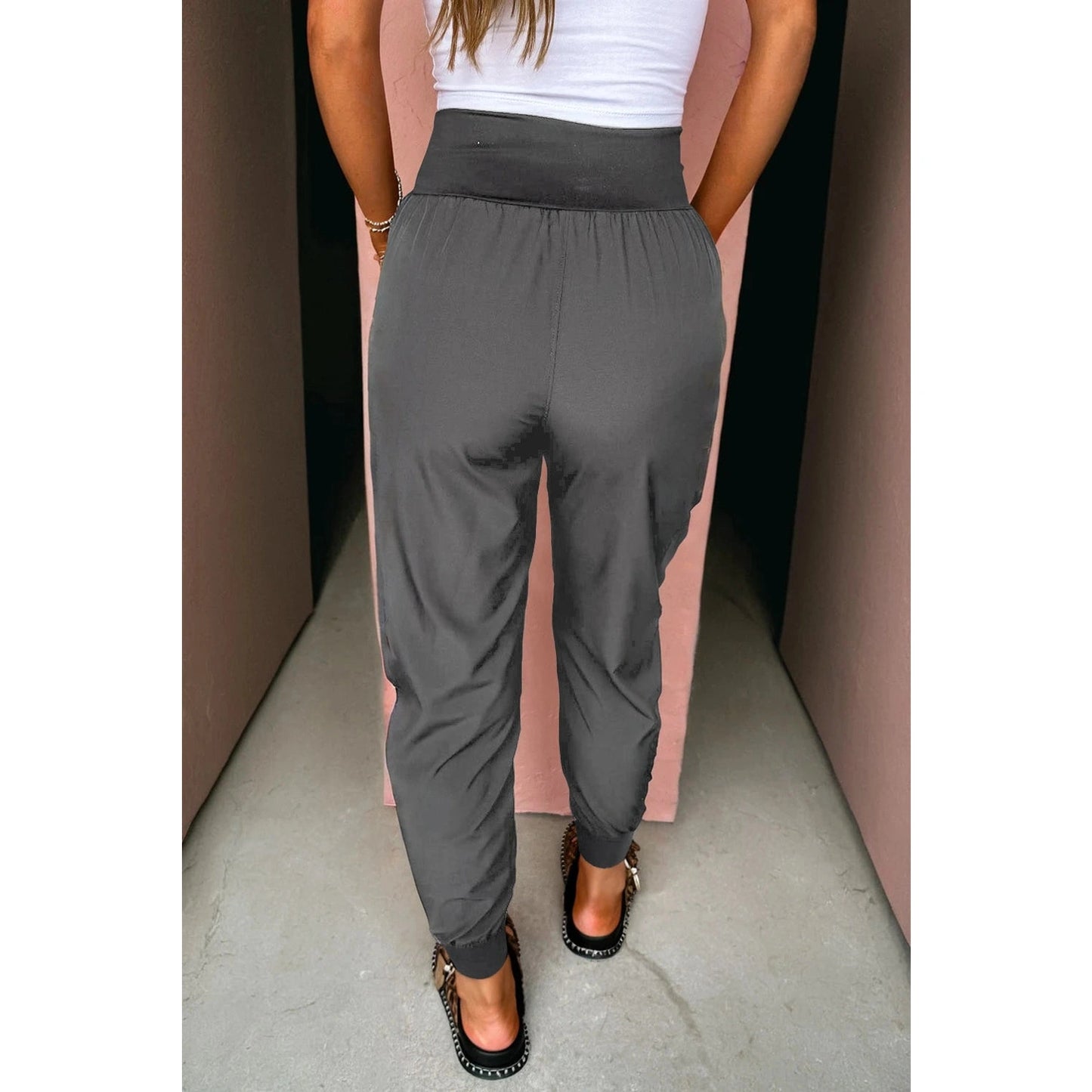 Mabli Grey Elastic High Waist Pocketed Cargo Jogger Pants