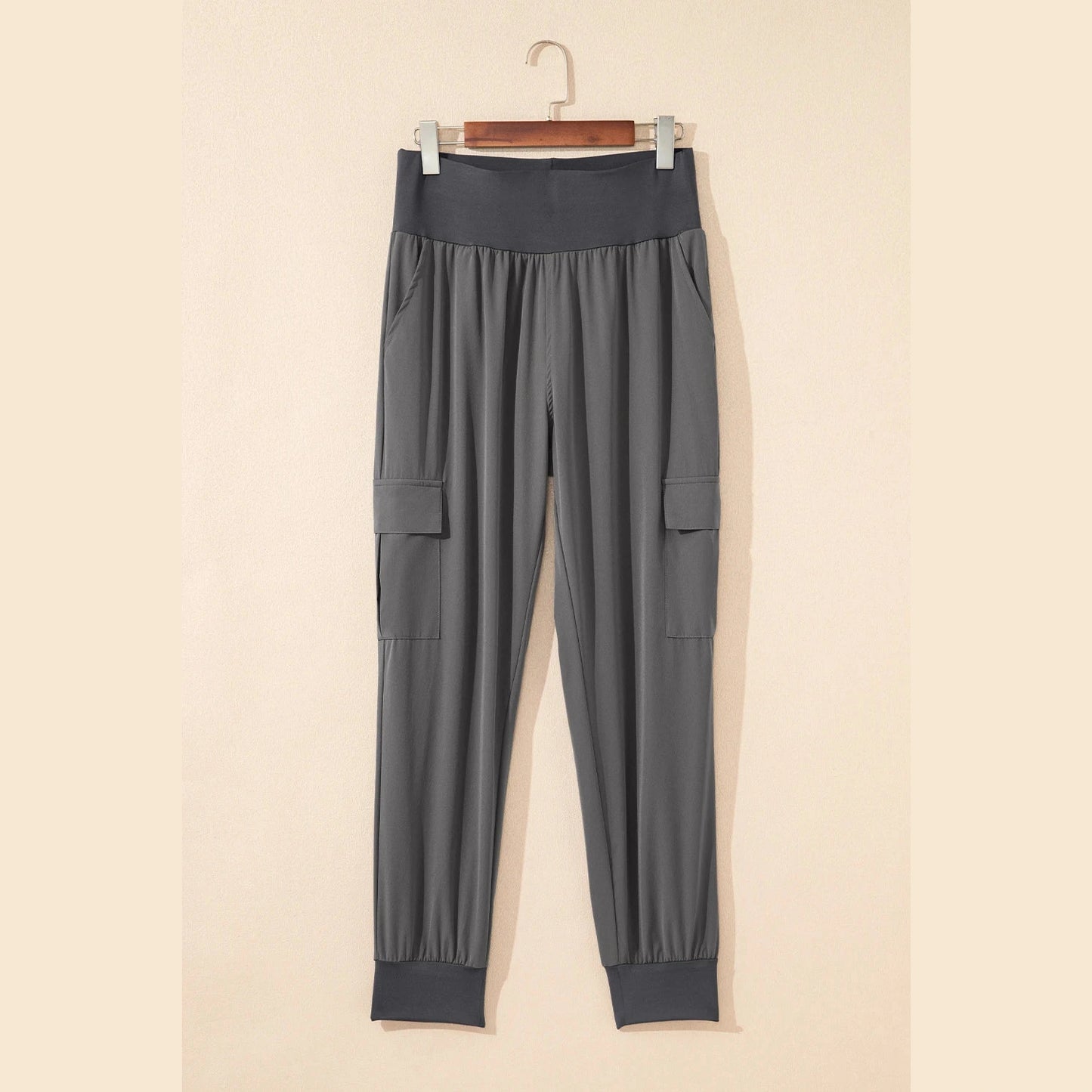 Mabli Grey Elastic High Waist Pocketed Cargo Jogger Pants