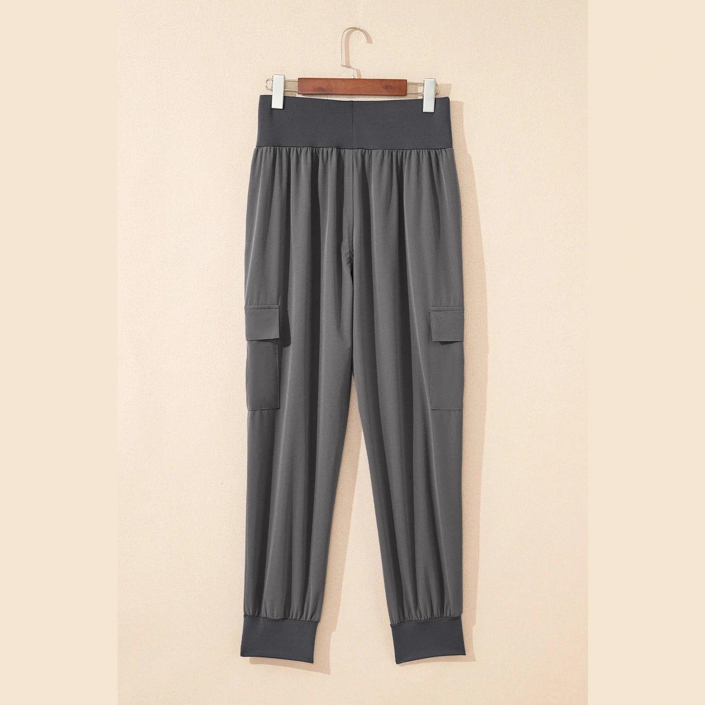 Mabli Grey Elastic High Waist Pocketed Cargo Jogger Pants