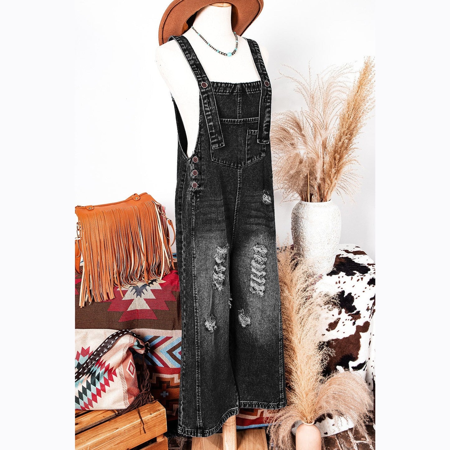 Mackie Black Distressed Bib Pocket Wide Leg Denim Overall