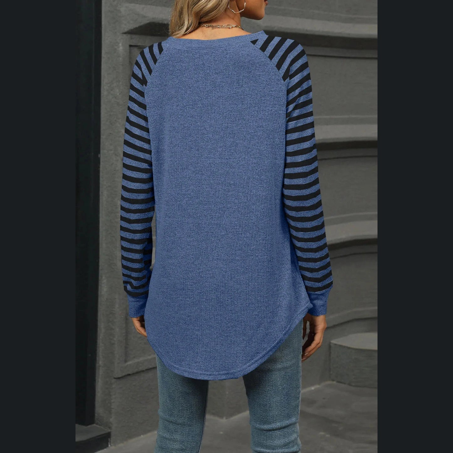 Madi Blue Striped Round Neck Long Sleeve T-Shirt