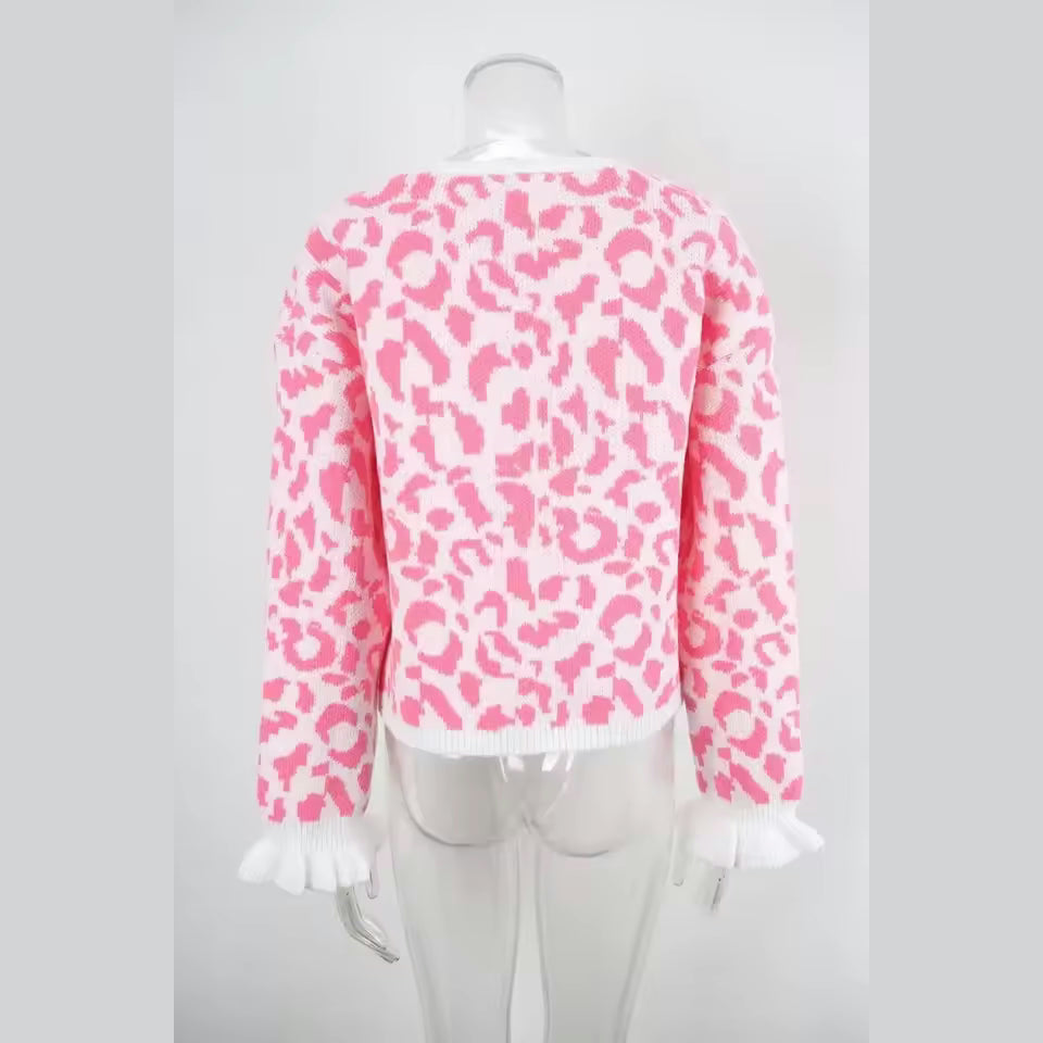 Madonna Bow Front Ruffled Cuff Leopard Cardigan - 3 Colors