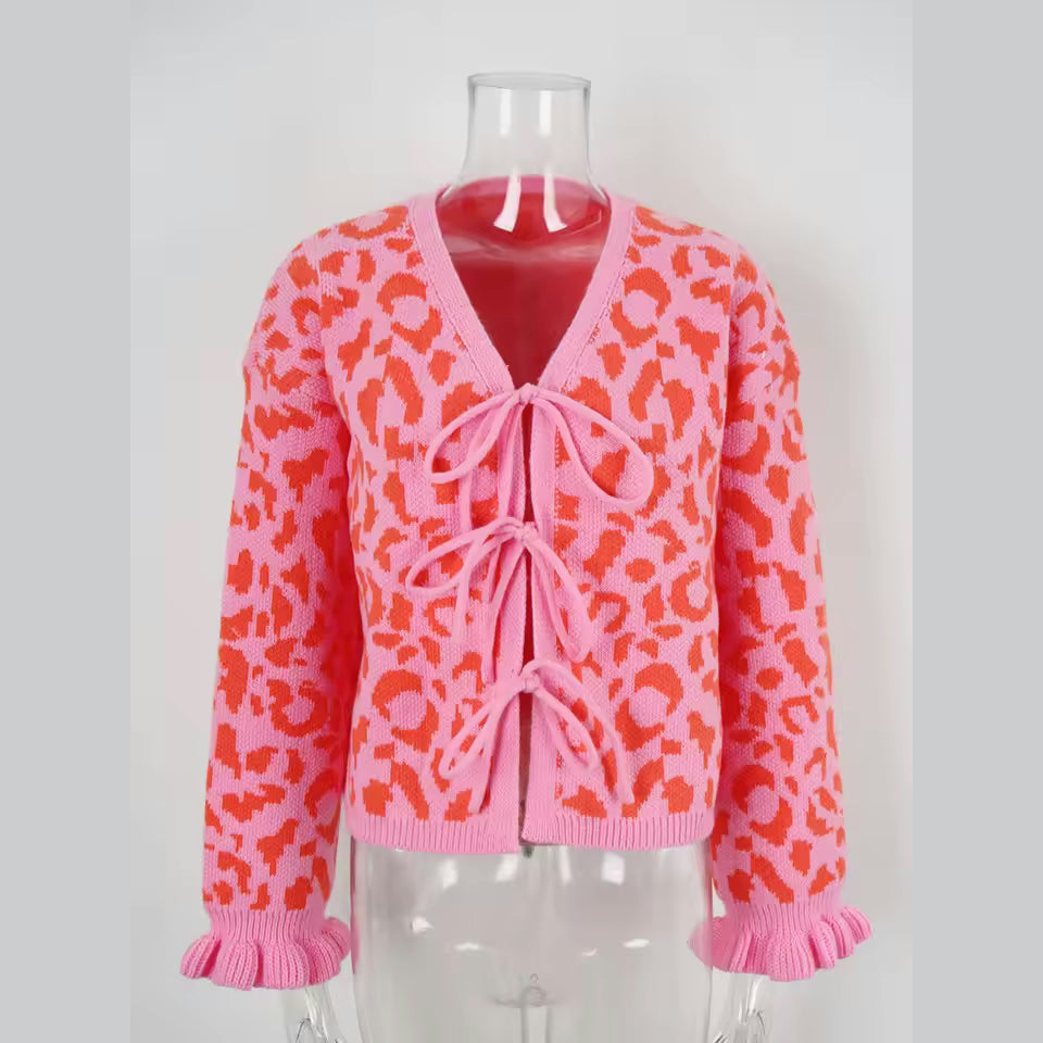 Madonna Bow Front Ruffled Cuff Leopard Cardigan - 3 Colors