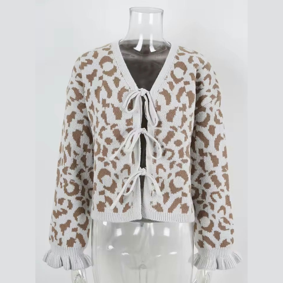 Madonna Bow Front Ruffled Cuff Leopard Cardigan - 3 Colors
