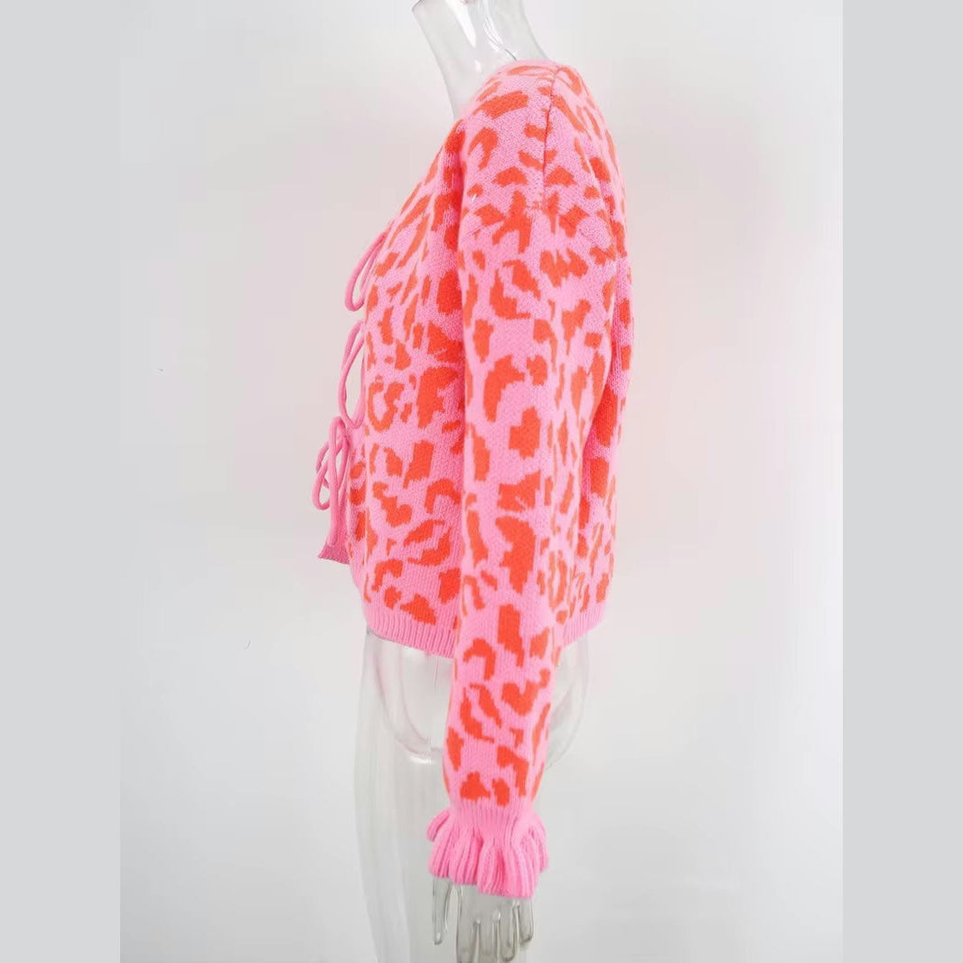 Madonna Bow Front Ruffled Cuff Leopard Cardigan - 3 Colors