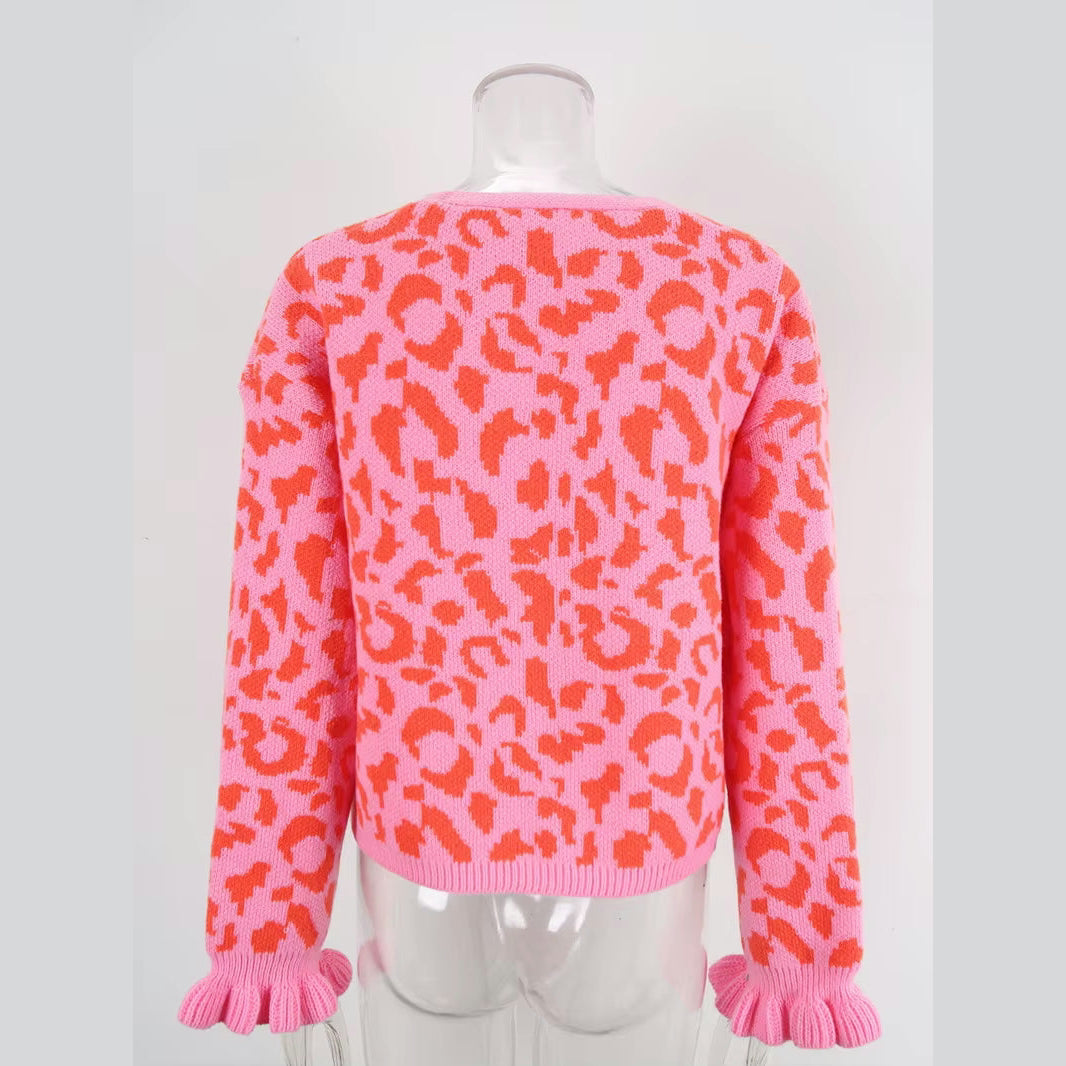 Madonna Bow Front Ruffled Cuff Leopard Cardigan - 3 Colors