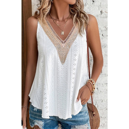 Mae White Lace Crochet Splicing V Neck Loose Fit Tank Top