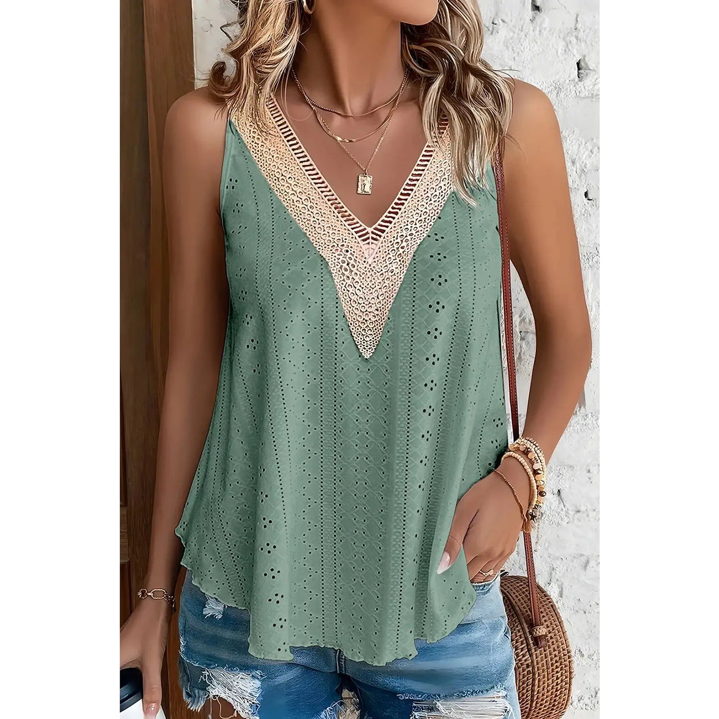 Mae Mist Green Lace Crochet Splicing V Neck Loose Fit Tank Top