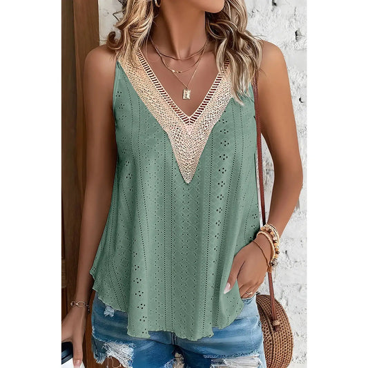 Mae Mist Green Lace Crochet Splicing V Neck Loose Fit Tank Top