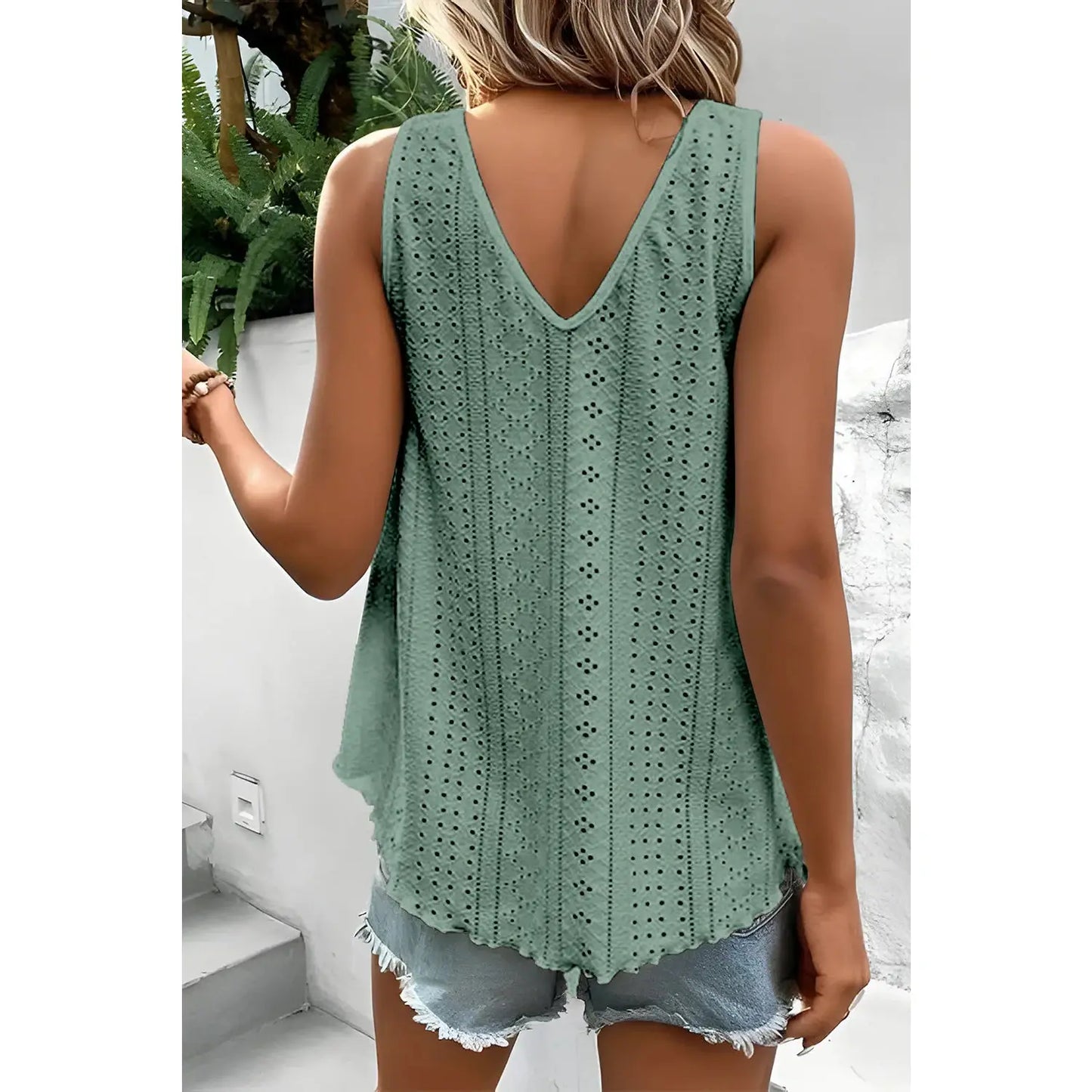 Mae Mist Green Lace Crochet Splicing V Neck Loose Fit Tank Top