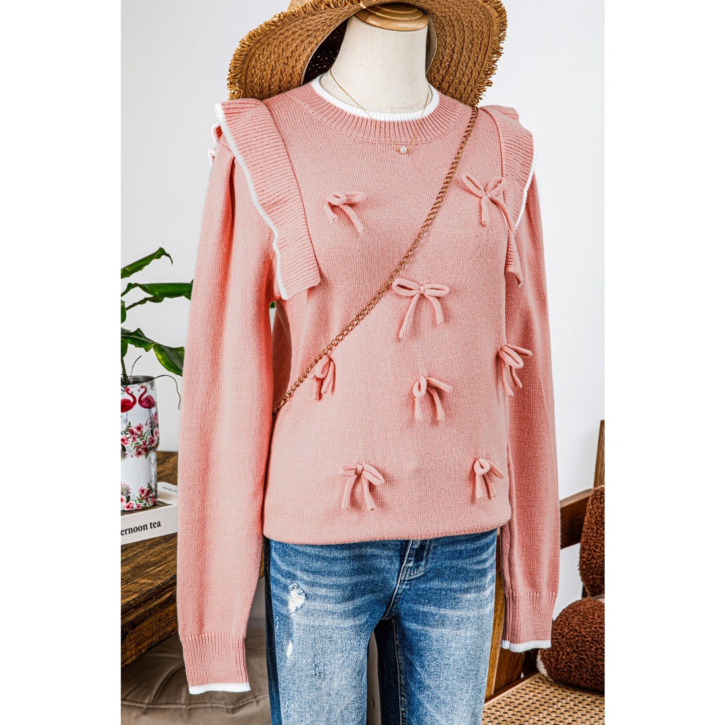Magalie Light Pink Ruffled Bowknot Ribbed Trim Long Sleeve Sweater