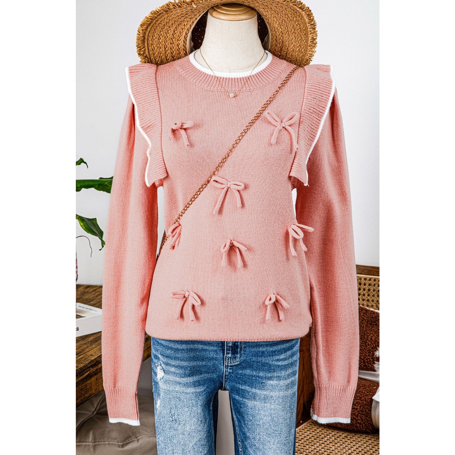 Magalie Light Pink Ruffled Bowknot Ribbed Trim Long Sleeve Sweater