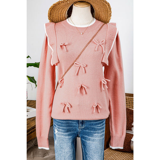 Magalie Light Pink Ruffled Bowknot Ribbed Trim Long Sleeve Sweater