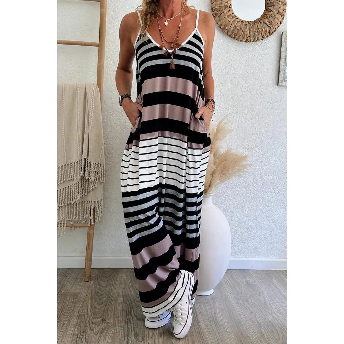 Magda Mixed Stripe Spaghetti Straps V Neck Maxi Dress