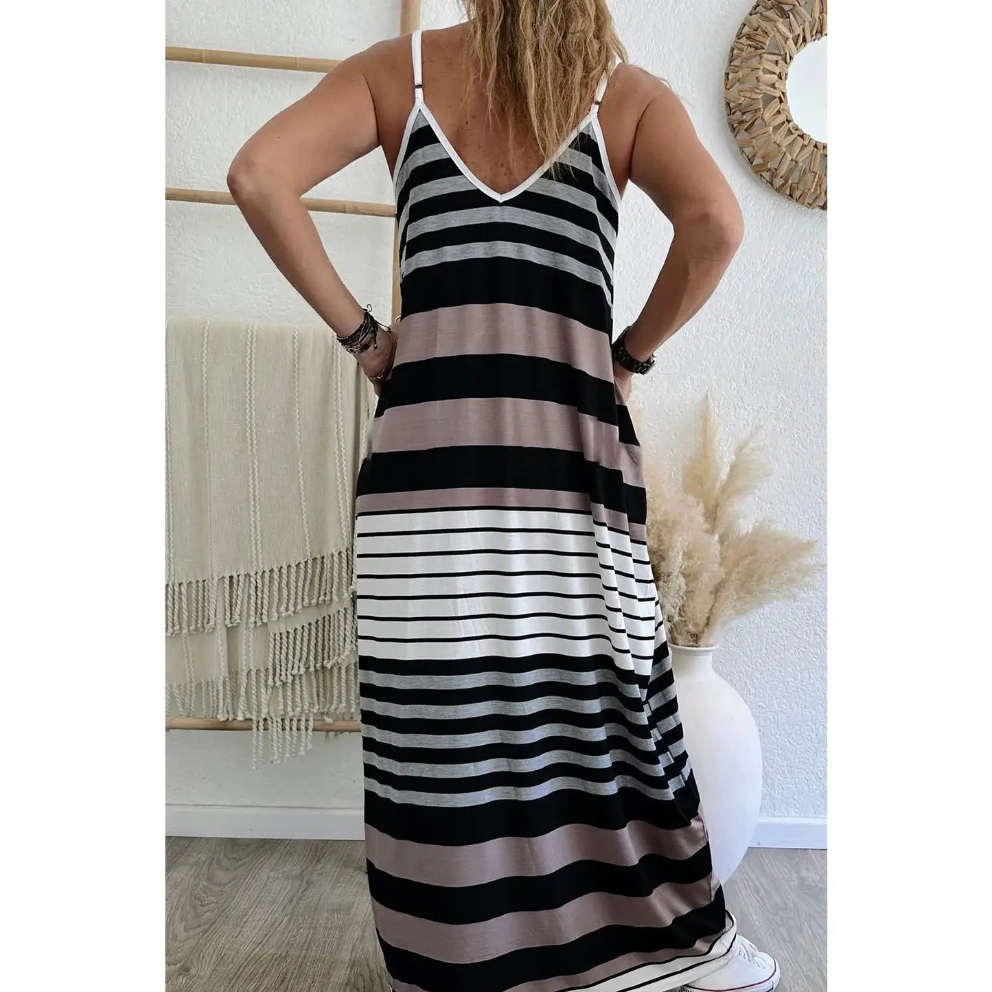 Magda Mixed Stripe Spaghetti Straps V Neck Maxi Dress