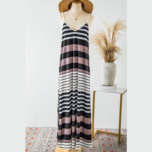 Magda Mixed Stripe Spaghetti Straps V Neck Maxi Dress