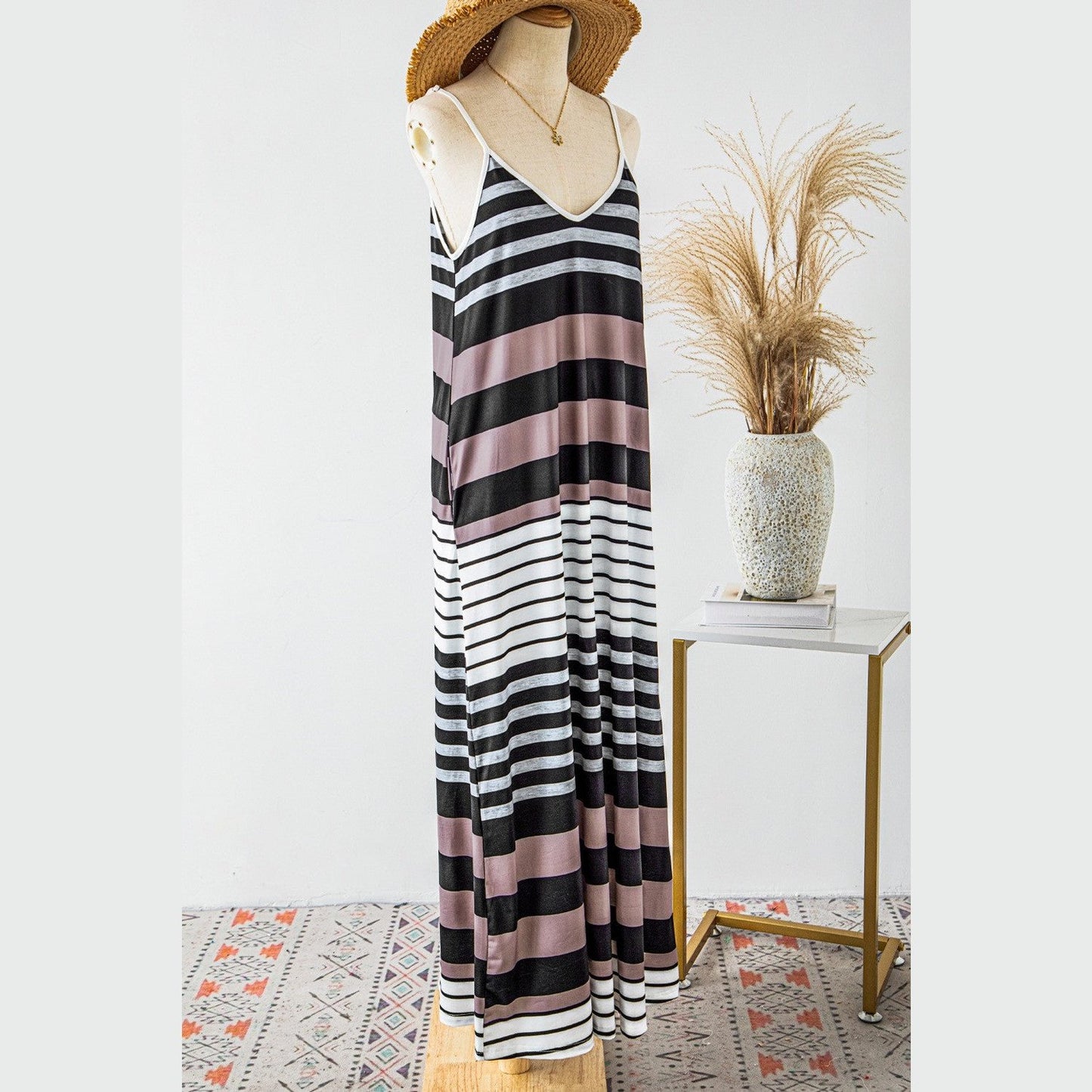 Magda Mixed Stripe Spaghetti Straps V Neck Maxi Dress