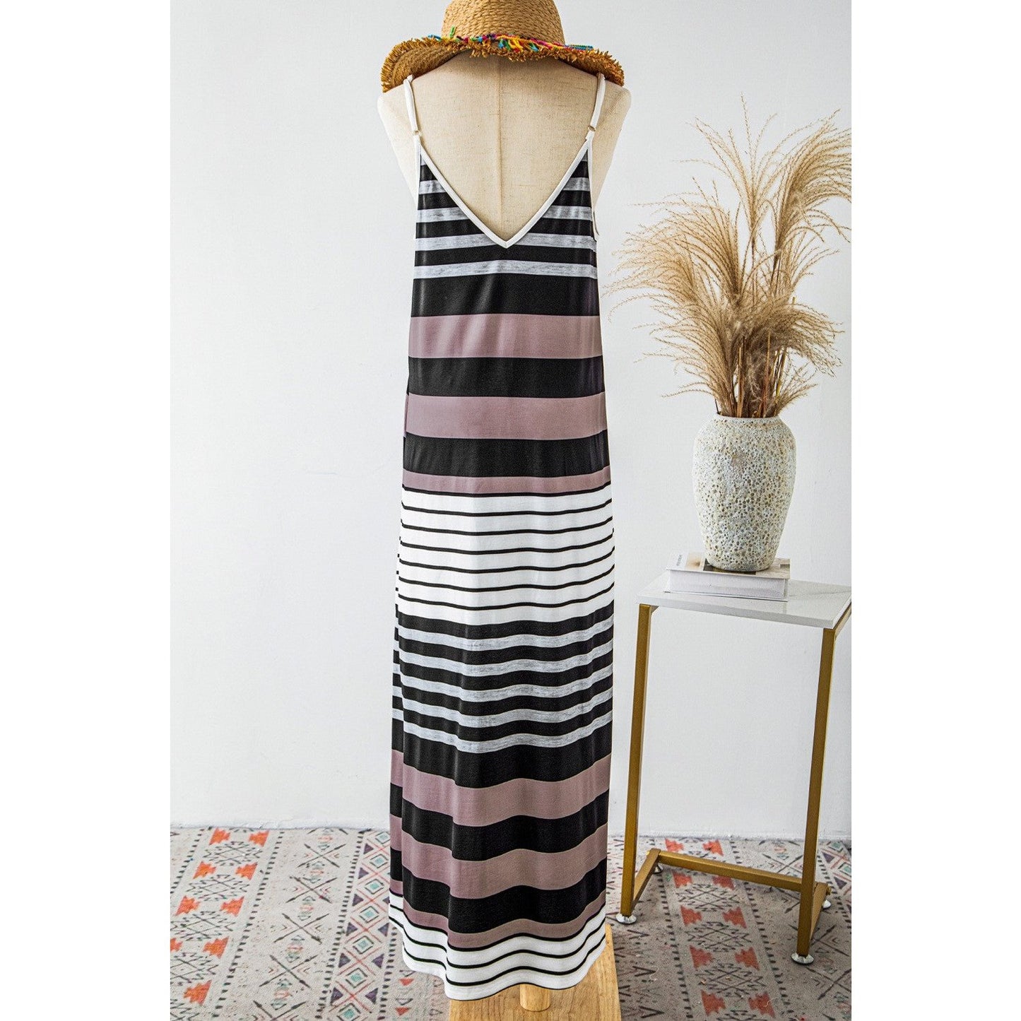 Magda Mixed Stripe Spaghetti Straps V Neck Maxi Dress