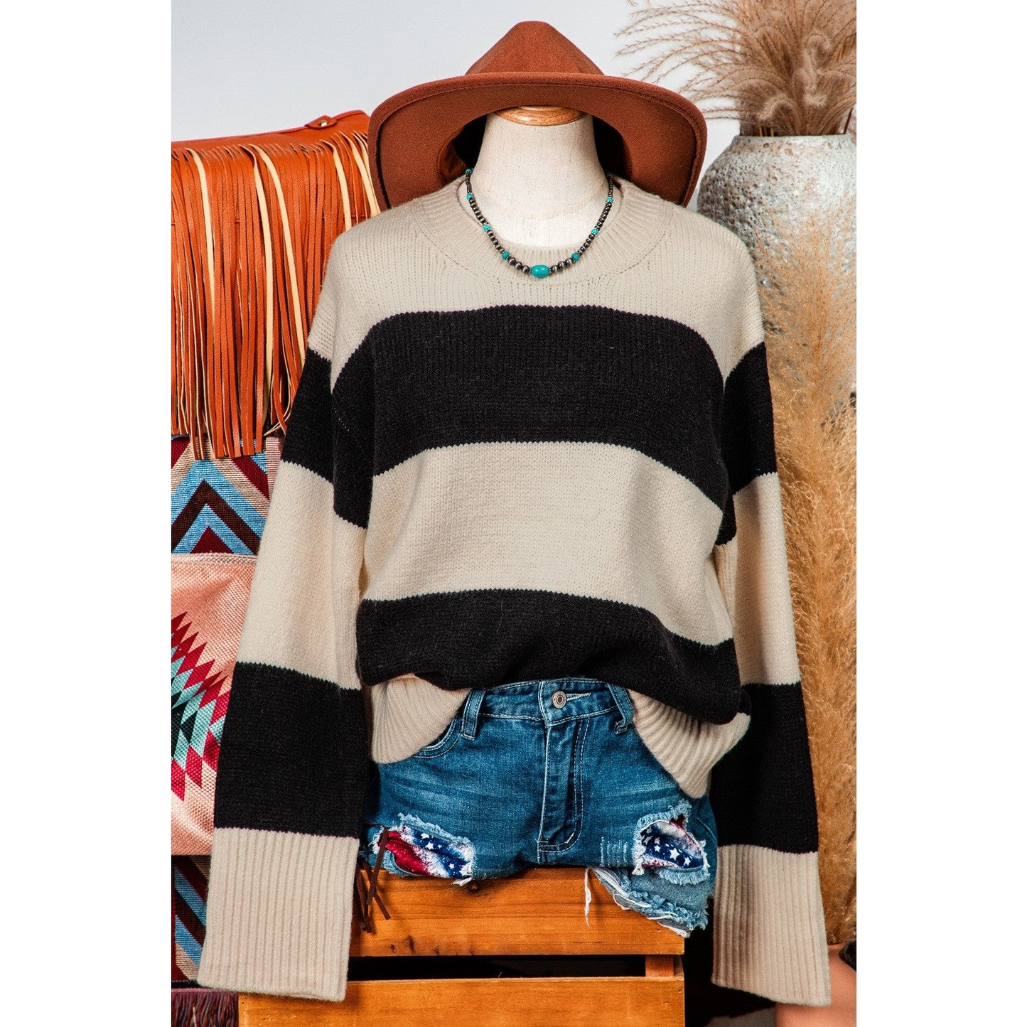 Makenna Black Colorblock Loose Pullover Sweater