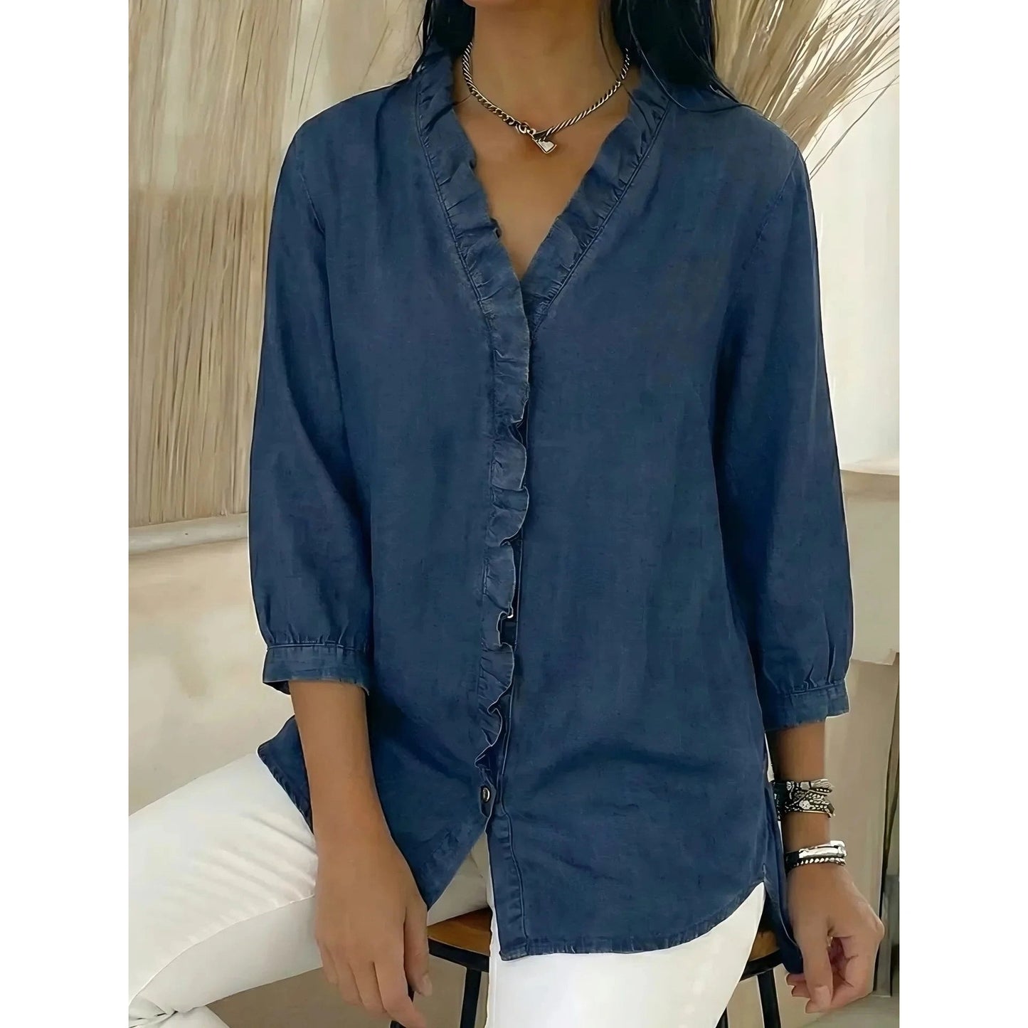 Makenna Midnight Ruffle Button Up Blouse