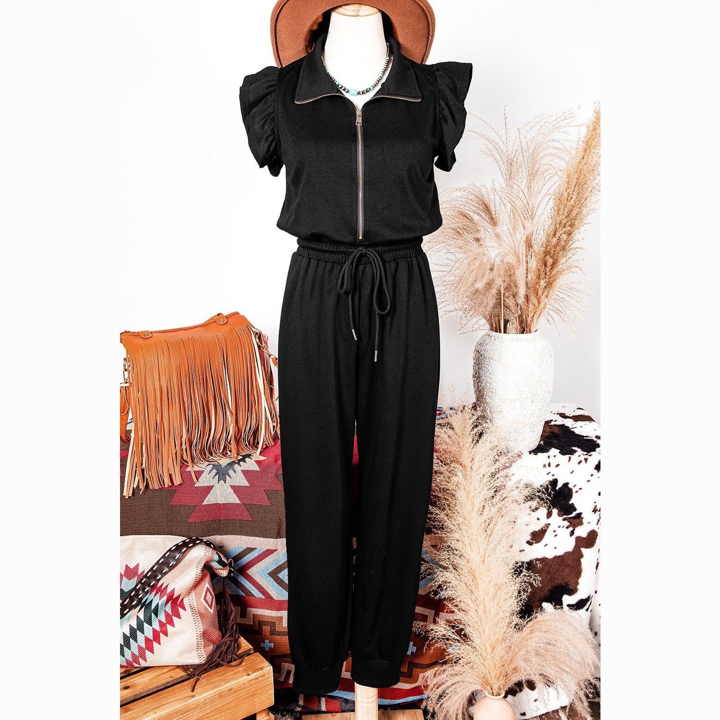 REDUCED!!!  Malbi Black Zipper Flutter Sleeve Drawstring High Waist Jumpsuit  REDUCED!!!