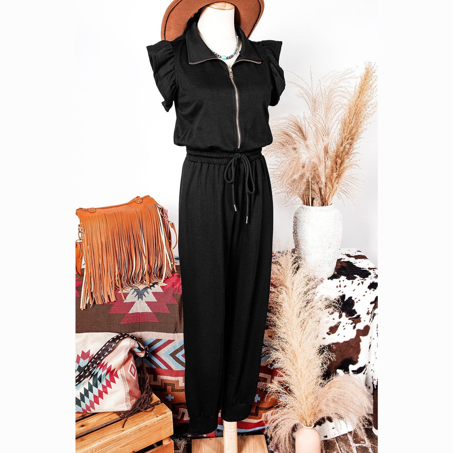 REDUCED!!!  Malbi Black Zipper Flutter Sleeve Drawstring High Waist Jumpsuit  REDUCED!!!