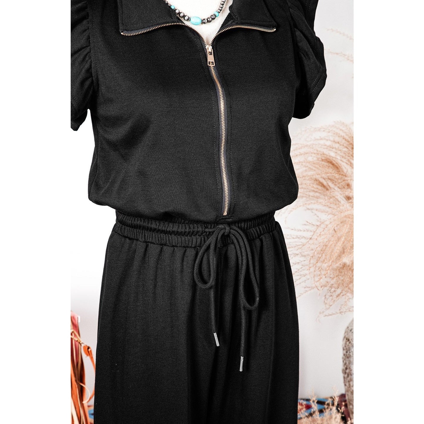 REDUCED!!!  Malbi Black Zipper Flutter Sleeve Drawstring High Waist Jumpsuit  REDUCED!!!