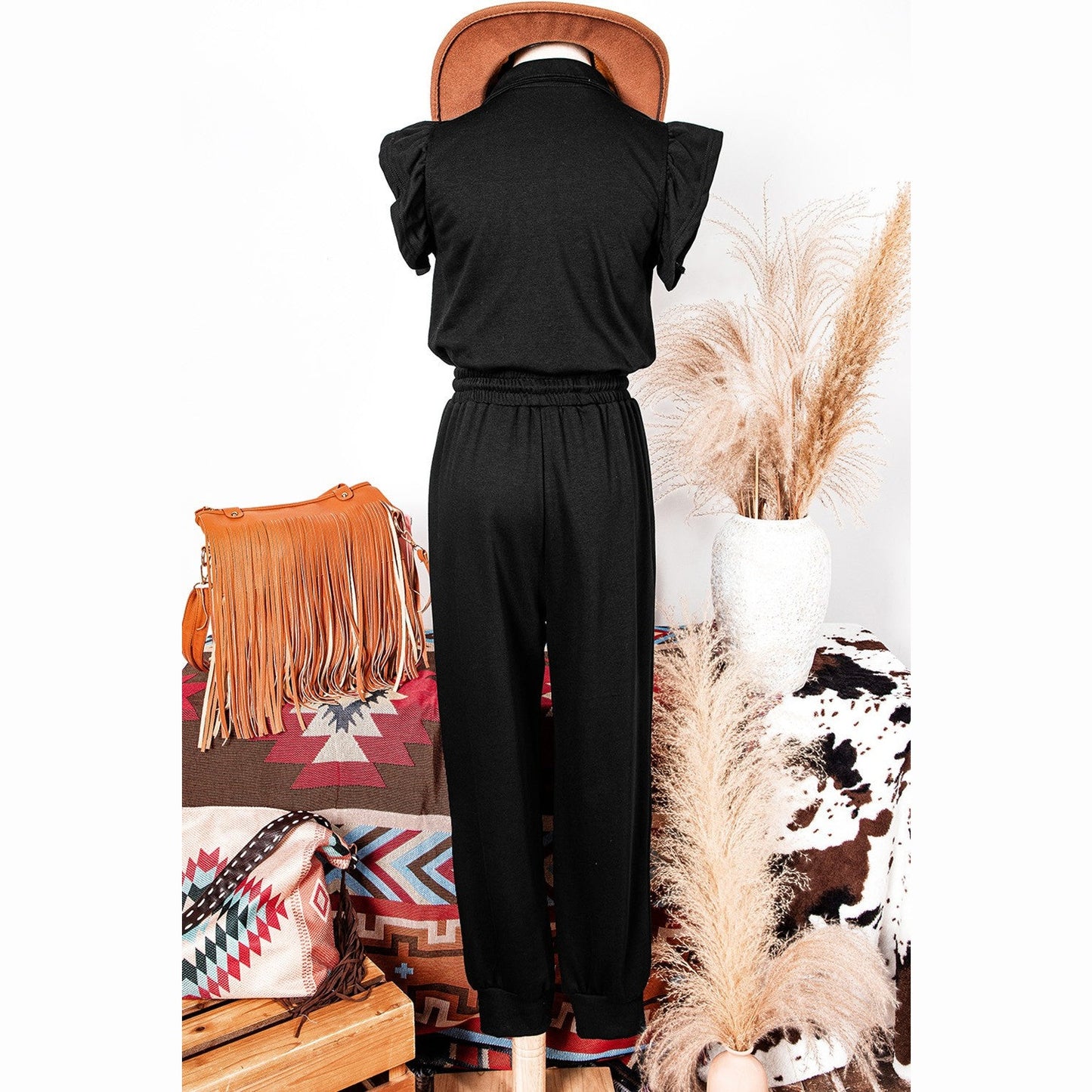 REDUCED!!!  Malbi Black Zipper Flutter Sleeve Drawstring High Waist Jumpsuit  REDUCED!!!