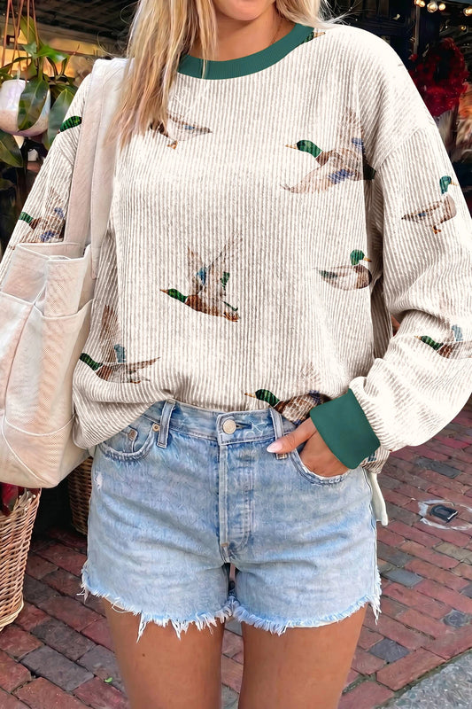 RTS Twisted Ribbed Duck Print Crewneck Casual Pullover Top