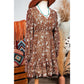 Mallory Brown Boho Floral Ruffled Puff Sleeve V Neck Mini Dress