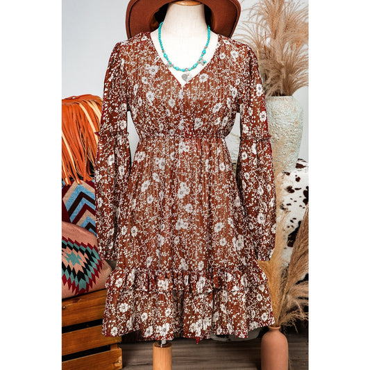 Mallory Brown Boho Floral Ruffled Puff Sleeve V Neck Mini Dress