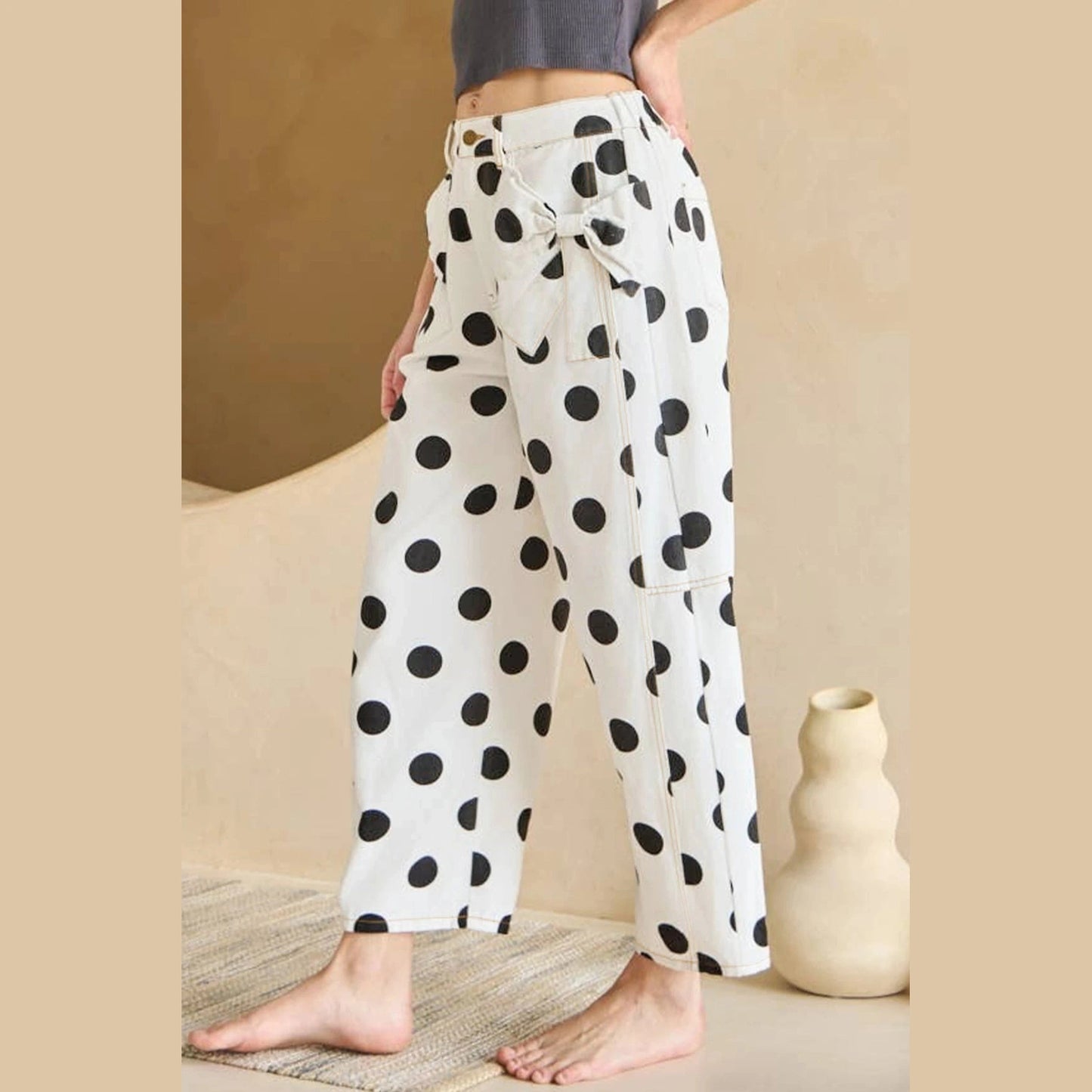 Manda White Polka Dot Print Bow Detail Pocketed Barrel Jeans