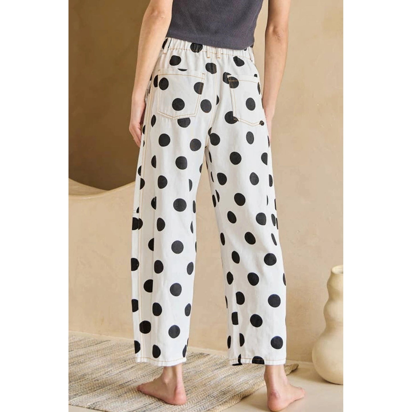 Manda White Polka Dot Print Bow Detail Pocketed Barrel Jeans