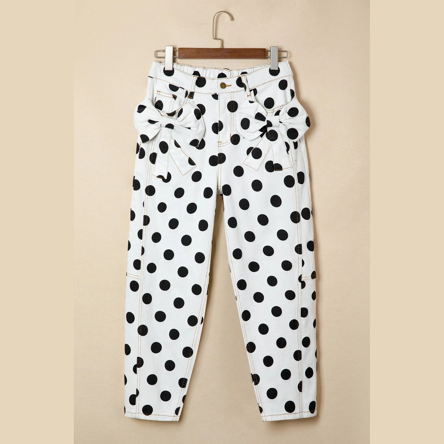 Manda White Polka Dot Print Bow Detail Pocketed Barrel Jeans