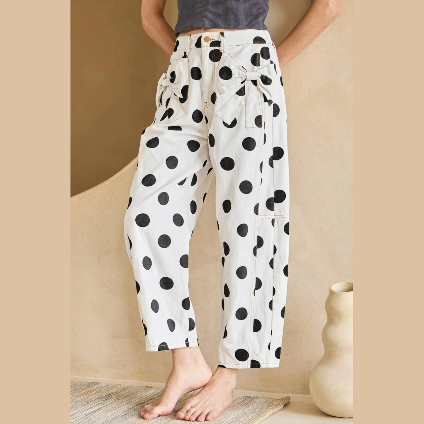 Manda White Polka Dot Print Bow Detail Pocketed Barrel Jeans