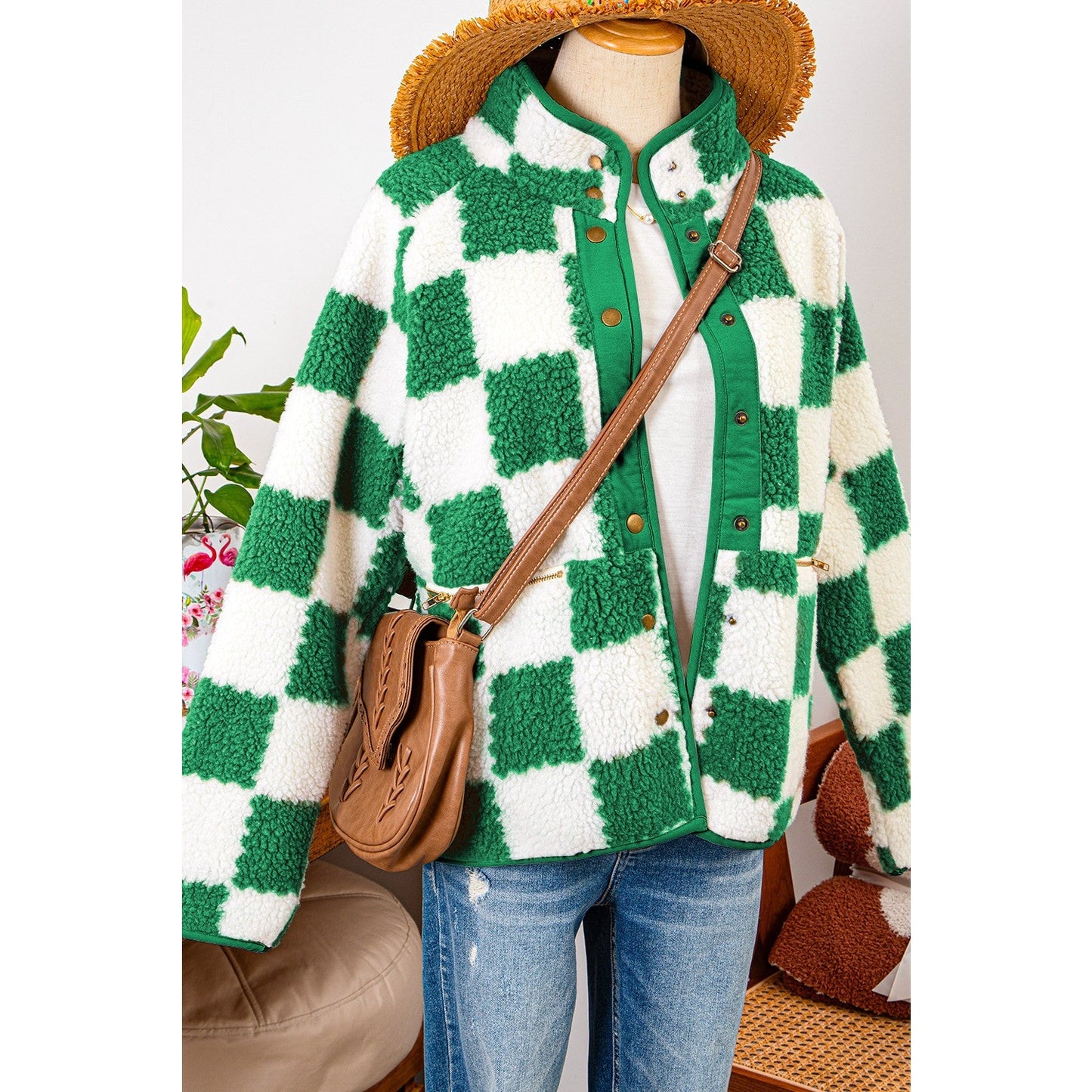 Mandy Green Color Block Sherpa Shacket with Pockets