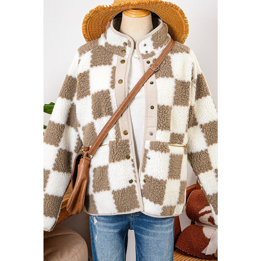 Marci Brown Checked Snap Button Sherpa Jacket