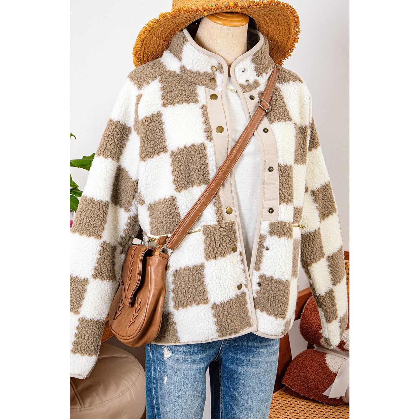 Marci Brown Checked Snap Button Sherpa Jacket